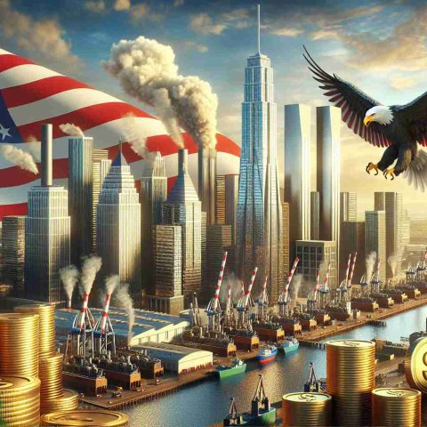 A realistic, high-definition depiction of a massive business investment, represented by towering skyscrapers and bustling industry. The implication that the United States stands to gain significantly is represented symbolically through an abundance of gold coins, a soaring eagle, and a vibrant stars-and-stripes flag waving proudly in the backdrop.