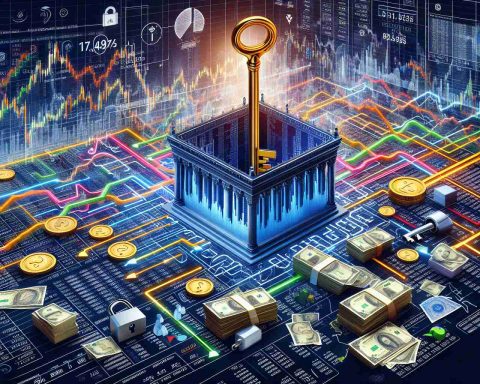 An informative, high-definition visualization of the workings of the stock exchange in Pakistan. The image features an abstract representation of the Karachi Stock Exchange, with colorful lines representing market fluctuations, data graphs, and numbers. Various economic symbols, such as rupee notes, coins, and stock certificates, are scattered around the market data. The concept of 'Unlocking Wealth' is illustrated by a golden key turning in a lock symbolizing the opening of opportunities through the stock market. This should not feature any real people or organizations and should be in a realistic style.