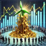 A high-definition, hyper-realistic image depicting the concept of high investments being made into green energy. This can be shown as a large, symbolic flow of gold coins cascading into a vibrant, green energy icon such as a windmill or solar panel. The background can possibly feature a diversified group of investors from various descents like Caucasian, Hispanic, Black, and Middle-Eastern eagerly watching this spectacle. Graphs showing a surge in investments can be featured for added context.