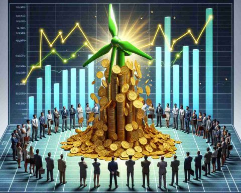 A high-definition, hyper-realistic image depicting the concept of high investments being made into green energy. This can be shown as a large, symbolic flow of gold coins cascading into a vibrant, green energy icon such as a windmill or solar panel. The background can possibly feature a diversified group of investors from various descents like Caucasian, Hispanic, Black, and Middle-Eastern eagerly watching this spectacle. Graphs showing a surge in investments can be featured for added context.