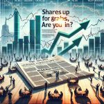 A realistic, high-definition image showing the dynamic atmosphere of a big Initial Public Offering (IPO). To capture the spirit, visualize a scene where arrows and bar graphs represent soaring share prices. Newspaper prints can be scattered across the scene, one of which prominently features the headline, 'Shares Up for Grabs, Are You In?'. Detail the scene with people of various occupations, like financial analysts and investors, excitedly discussing and strategizing over the rise in the stock market.