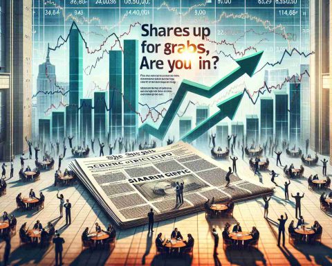 A realistic, high-definition image showing the dynamic atmosphere of a big Initial Public Offering (IPO). To capture the spirit, visualize a scene where arrows and bar graphs represent soaring share prices. Newspaper prints can be scattered across the scene, one of which prominently features the headline, 'Shares Up for Grabs, Are You In?'. Detail the scene with people of various occupations, like financial analysts and investors, excitedly discussing and strategizing over the rise in the stock market.