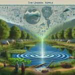 An imaginary realistic scene describing 'The Unseen Ripple', symbolized by subtle waves emanating from a single point on a serene pond, surrounded by lush greenery. Simultaneously, a graphic representation of 'LICHFL’s Strategy' shown as an intricate, evolving blueprint filled with various financial and housing symbols, stylistically integrated into the natural setting. In the ripple’s path, transformation of lives is depicted as visible improvements in quality of life: newer, safer houses; wealthy, happy families; and bustling local markets. The overall image evokes a sense of hope and potential.