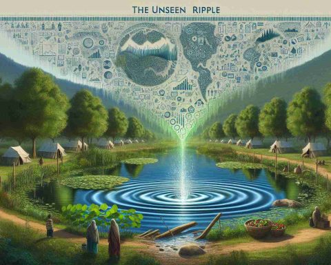 An imaginary realistic scene describing 'The Unseen Ripple', symbolized by subtle waves emanating from a single point on a serene pond, surrounded by lush greenery. Simultaneously, a graphic representation of 'LICHFL’s Strategy' shown as an intricate, evolving blueprint filled with various financial and housing symbols, stylistically integrated into the natural setting. In the ripple’s path, transformation of lives is depicted as visible improvements in quality of life: newer, safer houses; wealthy, happy families; and bustling local markets. The overall image evokes a sense of hope and potential.