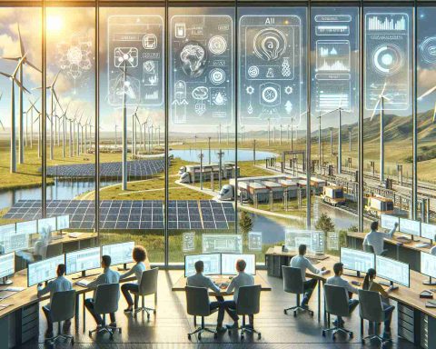 Detailed image of an innovative scenario where artificial intelligence technology is being employed to manage renewable energy resources. The setting includes a state-of-the-art control room filled with screens displaying data, charts, and statistics. There are people from different descents and genders, such as a Hispanic woman and a Middle Eastern man, working together, monitoring the system's performance and making real-time adjustments based on AI's predictions and insights. Outside the glass window of the control room, you can see wind turbines and solar panels filling the landscape under a clear sunny sky.