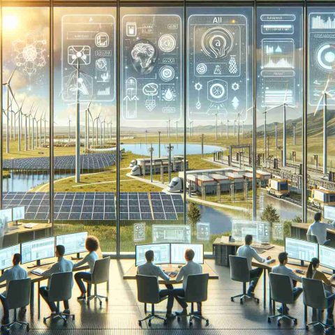 Detailed image of an innovative scenario where artificial intelligence technology is being employed to manage renewable energy resources. The setting includes a state-of-the-art control room filled with screens displaying data, charts, and statistics. There are people from different descents and genders, such as a Hispanic woman and a Middle Eastern man, working together, monitoring the system's performance and making real-time adjustments based on AI's predictions and insights. Outside the glass window of the control room, you can see wind turbines and solar panels filling the landscape under a clear sunny sky.