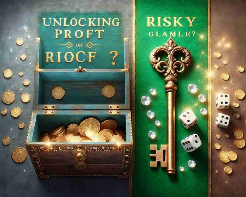 A highly detailed and realistic image showing two concepts in a symbolic way: profitable opportunity being unlocked and risky gamble. On one side, there's an exquisitely rendered vintage brass key unlocking a treasure chest stuffed with gold coins and sparkling gems representing the concept of unlocking profit. On the other side, there's a roll of the dice on a green felt tabletop suggesting the risks associated with a gamble. In the middle, there's a dividing line on which the words 'Unlocking Profit or Risky Gamble?' are written.