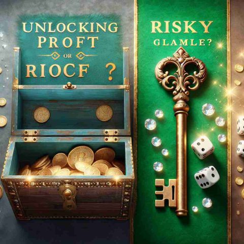 A highly detailed and realistic image showing two concepts in a symbolic way: profitable opportunity being unlocked and risky gamble. On one side, there's an exquisitely rendered vintage brass key unlocking a treasure chest stuffed with gold coins and sparkling gems representing the concept of unlocking profit. On the other side, there's a roll of the dice on a green felt tabletop suggesting the risks associated with a gamble. In the middle, there's a dividing line on which the words 'Unlocking Profit or Risky Gamble?' are written.