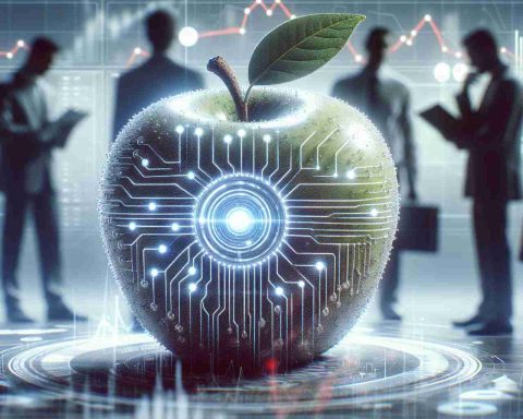 Realistically detailed image in high definition showing a conceptual representation of an Artificial Intelligence in the form of an apple. This AI signifies a revolution in the tech world. In the background, there are vague silhouettes of investors analysing data and graphs to symbolize their preparation for this technological advancement.