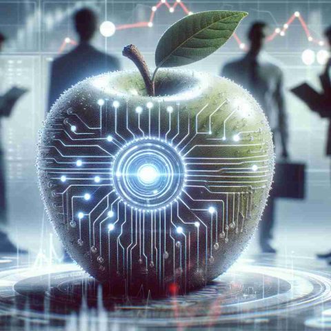 Realistically detailed image in high definition showing a conceptual representation of an Artificial Intelligence in the form of an apple. This AI signifies a revolution in the tech world. In the background, there are vague silhouettes of investors analysing data and graphs to symbolize their preparation for this technological advancement.