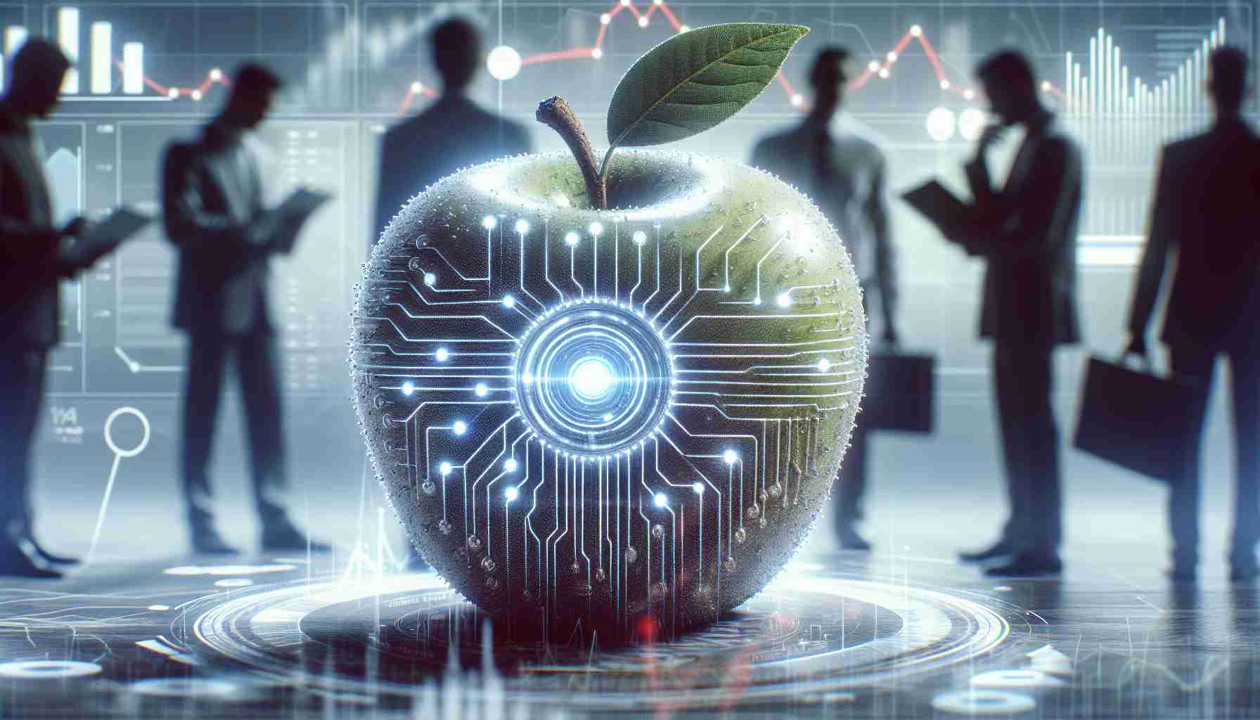 Realistically detailed image in high definition showing a conceptual representation of an Artificial Intelligence in the form of an apple. This AI signifies a revolution in the tech world. In the background, there are vague silhouettes of investors analysing data and graphs to symbolize their preparation for this technological advancement.