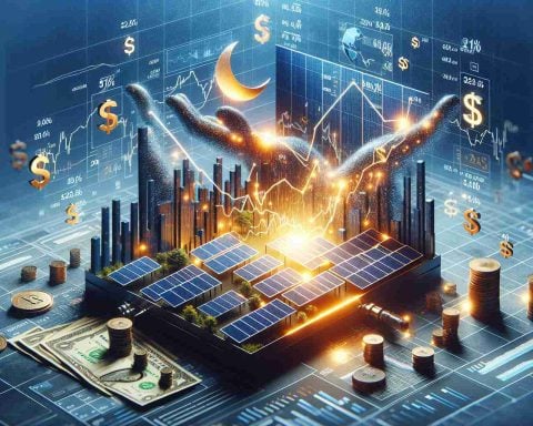 High-definition image illustrating the conceptual representation of a surprising market movement by a solar technology company. The scene may depict elements such as a business chart showing sudden growth or decline, company logos, and solar panels. It should also incorporate the essence of investment knowledge, which could manifest as financial reports, currency or stock exchange data, to provide information to the viewer.