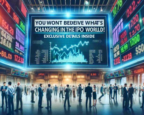 Generate a realistic HD image of the headline 'You Won’t Believe What’s Changing in the IPO World! Exclusive Details Inside' prominently displayed against a backdrop of a bustling stock exchange. Include visuals indicative of change and novelty, like bar graphs showing radical shifts, new company logos, and a dynamic, energetic crowd of traders and finance professionals.