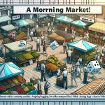 Visualize a dynamic morning market scene illustrating the concept of shake-up! Picture elements such as busy vendors, customers haggling, products being displayed in stalls, along with visual metaphors like shaking dice or a pendulum swing, indicative of change. The scene should evoke a sense of imminent change in the marketplace due to hidden factors. Create this in a realistic style, with a high-definition (HD) quality.