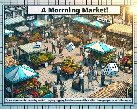 Visualize a dynamic morning market scene illustrating the concept of shake-up! Picture elements such as busy vendors, customers haggling, products being displayed in stalls, along with visual metaphors like shaking dice or a pendulum swing, indicative of change. The scene should evoke a sense of imminent change in the marketplace due to hidden factors. Create this in a realistic style, with a high-definition (HD) quality.