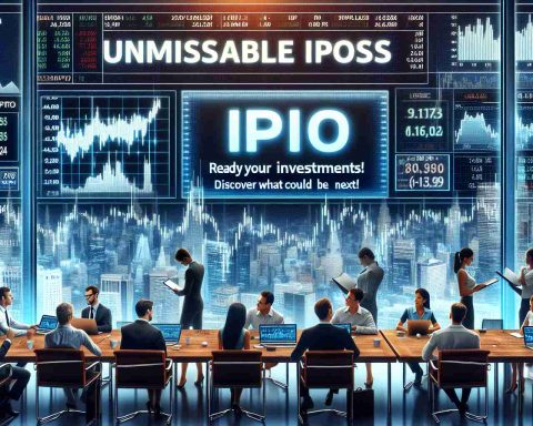 A high-definition realistic image illustrating the concept of 'Unmissable IPOs: Ready Your Investments! Discover What Could Be Next'. Picture includes a stock market display with the words 'IPO' in big letters. A diverse group of individuals analyzing stock data, poised to make investment decisions. The backdrop is a bustling financial district skyline, implying potential and exciting future prospects.