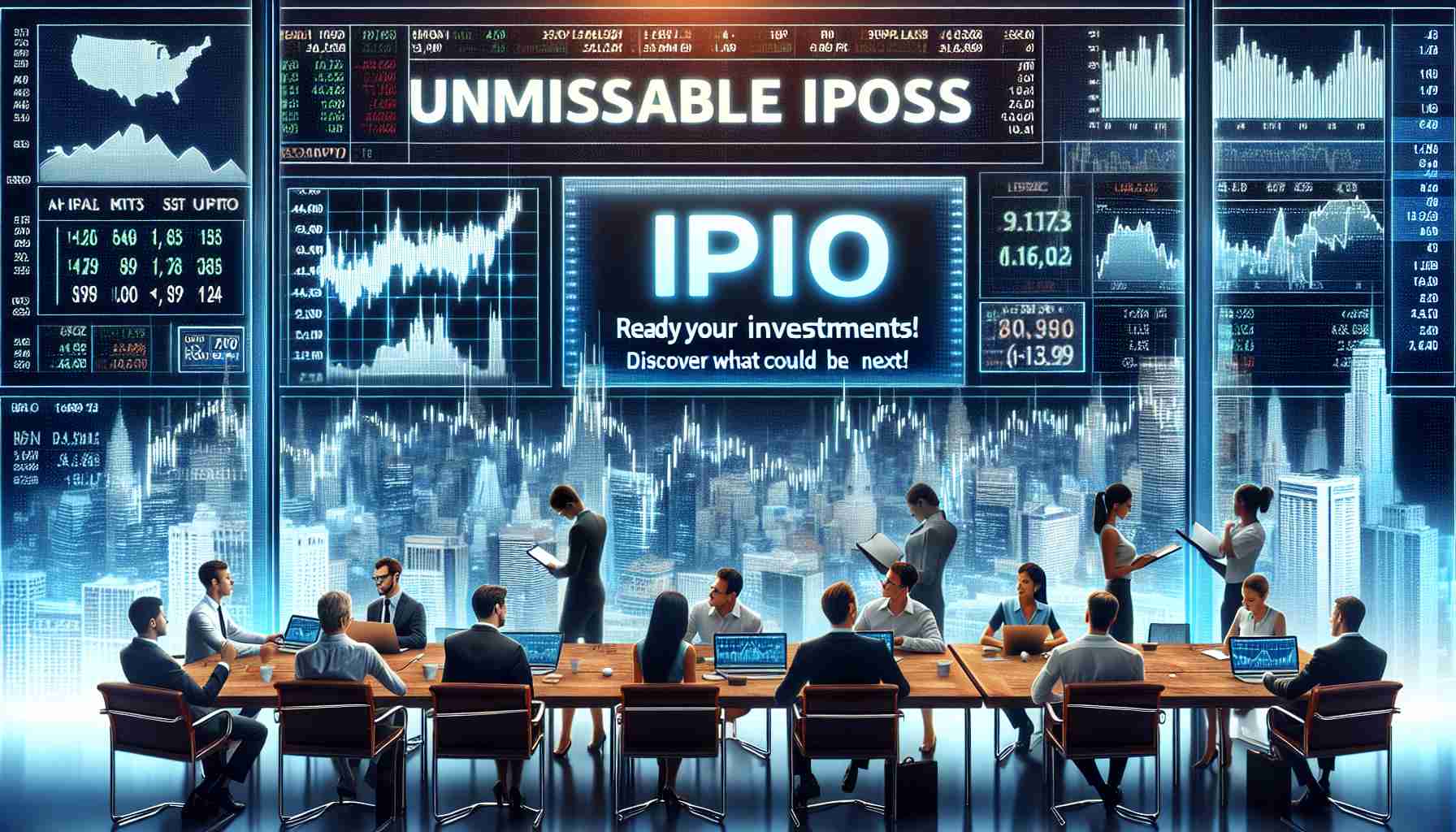 A high-definition realistic image illustrating the concept of 'Unmissable IPOs: Ready Your Investments! Discover What Could Be Next'. Picture includes a stock market display with the words 'IPO' in big letters. A diverse group of individuals analyzing stock data, poised to make investment decisions. The backdrop is a bustling financial district skyline, implying potential and exciting future prospects.