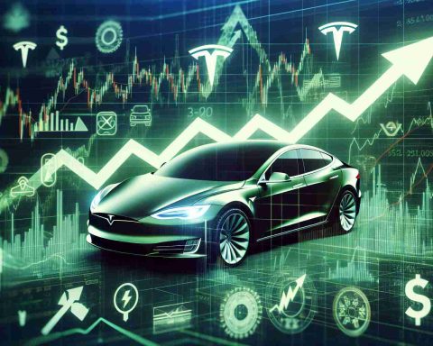 High definition image showing a surge in the stock market with emphasis on the technology sector. Add visual elements that signify growth, like upward-pointing arrows and graphs in the green. Include subtly placed symbols and references pointing to electric vehicles and sustainable energy solutions, to represent Tesla indirectly.