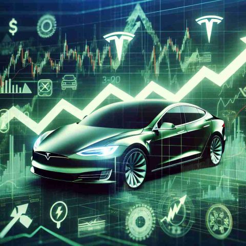 High definition image showing a surge in the stock market with emphasis on the technology sector. Add visual elements that signify growth, like upward-pointing arrows and graphs in the green. Include subtly placed symbols and references pointing to electric vehicles and sustainable energy solutions, to represent Tesla indirectly.