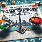 A highly detailed, realistic image depicting the concept of a 'game changer' in the context of US tariffs, symbolically representing favoritism towards India over China. The scene could portray a scale tipping in favor of India, with imported goods such as textiles and technology products to represent the nations. Meanwhile, a background with question marks illustrates uncertainty asking 'What's Next?'. The overall aesthetics should entail modern graphics and newspaper-like headlines to give the feel of a breaking news article.