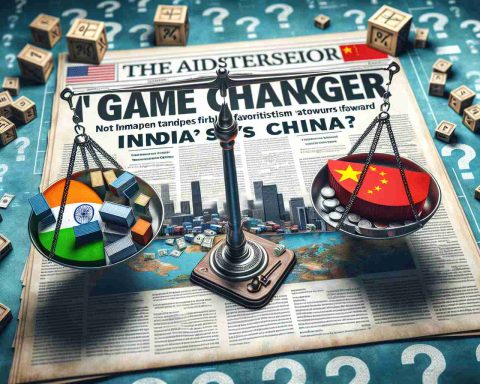 A highly detailed, realistic image depicting the concept of a 'game changer' in the context of US tariffs, symbolically representing favoritism towards India over China. The scene could portray a scale tipping in favor of India, with imported goods such as textiles and technology products to represent the nations. Meanwhile, a background with question marks illustrates uncertainty asking 'What's Next?'. The overall aesthetics should entail modern graphics and newspaper-like headlines to give the feel of a breaking news article.