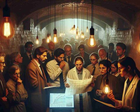 A high-definition realistic photo of a clandestine gathering that could shape the future of energy. Picture a dim, labyrinthine basement lit by faint, warm orange light emanating from vintage incandescent bulbs. A diverse crowd of people, including a Caucasian woman wearing glasses and a lab coat, a Hispanic man holding blueprints and PowerPoint remote, a Middle-Eastern woman with a laptop showing graphs of renewable energy statistics and a South Asian man deep in discussion on sustainable solutions. The atmosphere is serious and the conversation intense.