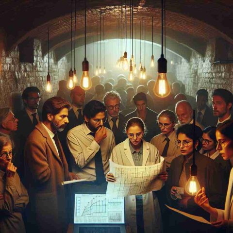 A high-definition realistic photo of a clandestine gathering that could shape the future of energy. Picture a dim, labyrinthine basement lit by faint, warm orange light emanating from vintage incandescent bulbs. A diverse crowd of people, including a Caucasian woman wearing glasses and a lab coat, a Hispanic man holding blueprints and PowerPoint remote, a Middle-Eastern woman with a laptop showing graphs of renewable energy statistics and a South Asian man deep in discussion on sustainable solutions. The atmosphere is serious and the conversation intense.