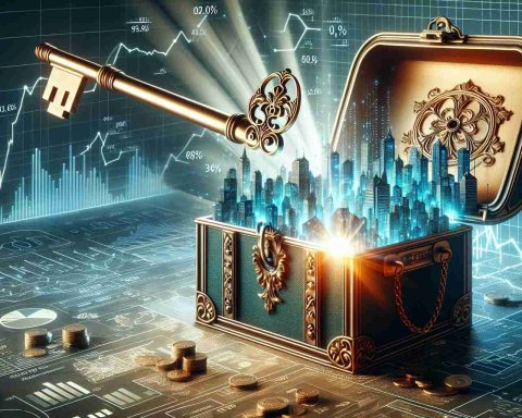 An illustrative, high-resolution representation of the successful launch of an IPO by a fictitious technology company, symbolically presented through an image of a grand, antique key being used to unlock a glowing, ornate treasure chest. The chest is opening up to reveal a thriving cityscape inside, indicating prosperity and success. Financial charts and graphs are shown in a positive upward trend alongside.