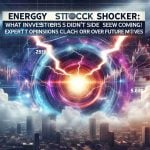 Generate a realistic high-definition image representing the concept of a stunning revelation in energy stocks. Include visual metaphors for surprise and unpredictability, such as a lightning bolt hitting a stock market graph. Overlay this scene with a suggestive banner bearing the text: 'Energy Stock Shocker: What Investors Didn’t See Coming! Expert Opinions Clash Over Future Moves.' Ensure this image appears like a professional news report or financial analysis.