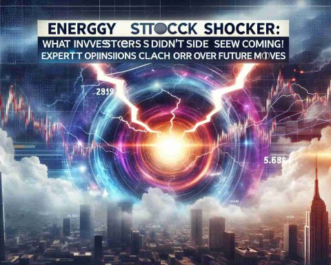 Generate a realistic high-definition image representing the concept of a stunning revelation in energy stocks. Include visual metaphors for surprise and unpredictability, such as a lightning bolt hitting a stock market graph. Overlay this scene with a suggestive banner bearing the text: 'Energy Stock Shocker: What Investors Didn’t See Coming! Expert Opinions Clash Over Future Moves.' Ensure this image appears like a professional news report or financial analysis.