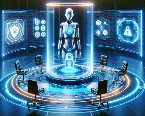 Create a realistic HD image symbolizing the future of cryptocurrency investing. The theme should be futuristic, possibly with visual elements indicative of a digital lock being opened to reveal a new era of digital finance. Also, show a virtual meeting space, perhaps a round table with digital interfaces and an AI assistant named Mudrex. The assistant should not resemble any real person but can have an abstract or robotic appearance.