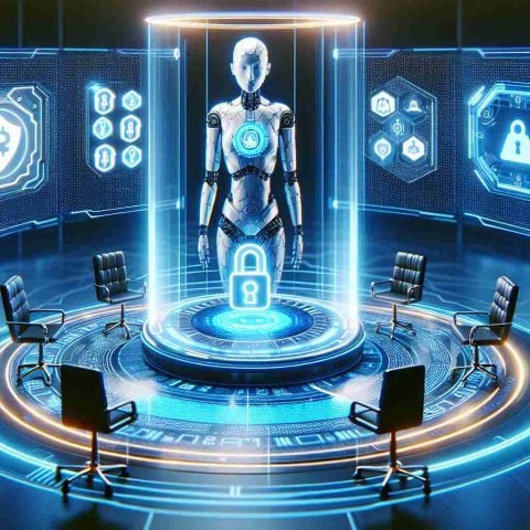 Create a realistic HD image symbolizing the future of cryptocurrency investing. The theme should be futuristic, possibly with visual elements indicative of a digital lock being opened to reveal a new era of digital finance. Also, show a virtual meeting space, perhaps a round table with digital interfaces and an AI assistant named Mudrex. The assistant should not resemble any real person but can have an abstract or robotic appearance.