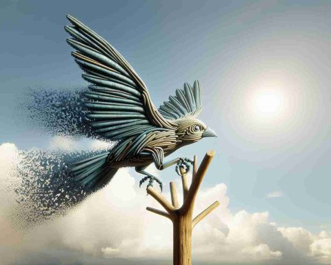 A high-definition, realistic image presenting an abstract representation of the phrase 'Swiggy Soars After Modest Start! What's Behind the Buzz?'. Visualize this concept as a bird, possibly a Swiggy which is an imaginary bird, taking flight from a simple perch against a clear sky. The bird's initial perch could represent the 'modest start', and the soaring flight signifies the 'soaring' aspect. Hide subtle hints in the clouds and the bird to make the viewer wonder 'What's behind the buzz?'