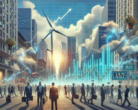 Generate a realistic, high-definition image presenting the concept of 'New Data Shocks Wall Street' with a focus on an unexpected twist in the story of clean energy fuels. The scene might include elements such as graphs indicating surprising data, stock market figures drastically changing and symbols of clean energy, such as wind turbines or solar panels, all against a backdrop of typical Wall Street imagery e.g., skyscrapers, bustling crowds.