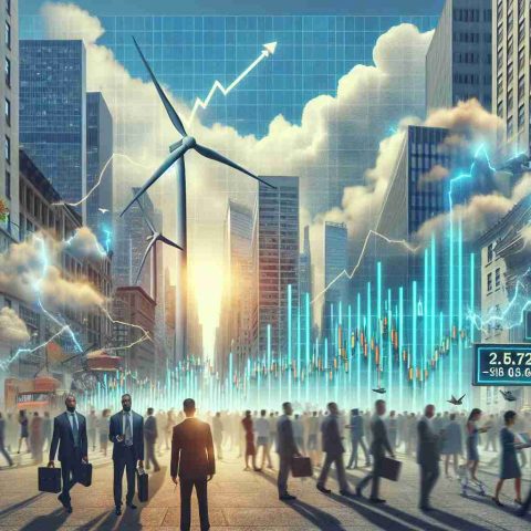 Generate a realistic, high-definition image presenting the concept of 'New Data Shocks Wall Street' with a focus on an unexpected twist in the story of clean energy fuels. The scene might include elements such as graphs indicating surprising data, stock market figures drastically changing and symbols of clean energy, such as wind turbines or solar panels, all against a backdrop of typical Wall Street imagery e.g., skyscrapers, bustling crowds.