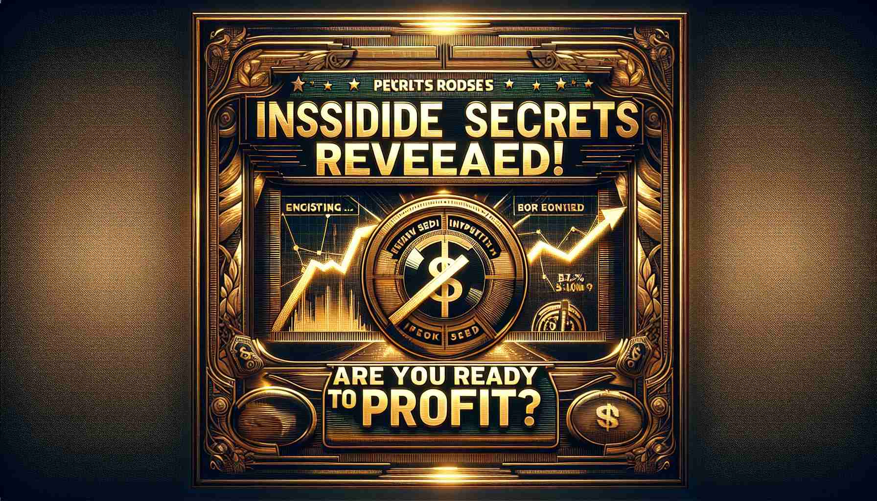 Generate a highly detailed and realistic image designed in the style of an informative advertisement. The main focus is a bold, headline text reading 'Insider Secrets Revealed! Are You Ready to Profit?'. The overall tone should be intriguing and coalesce into an offer that appears very profitable and exclusive. Behind the text, include subtle hints of wealth, for instance, a glossy golden backdrop or a silhouette of a bullish stock market graph.