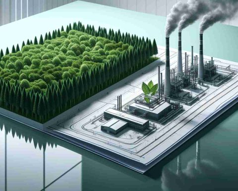 A realistic high-definition illustration representing delay in green investments. The picture can be divided into two sections: the first half showing a lush green forest gradually diminishing into an industrial landscape, symbolizing the shift of funding away from green initiatives. The second part illustrates a blueprint of a modern industrial facility on a glossy table, indicating the plans made for alternative investments. This image does not directly indicate any specific company, rather it portrays a generalized concept.