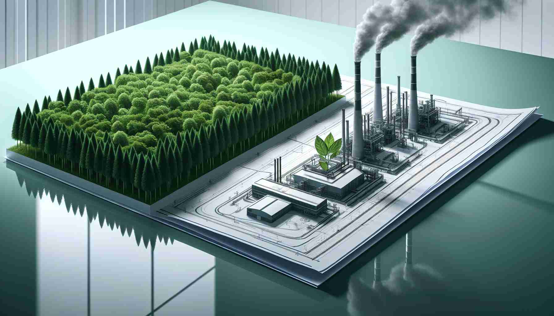 A realistic high-definition illustration representing delay in green investments. The picture can be divided into two sections: the first half showing a lush green forest gradually diminishing into an industrial landscape, symbolizing the shift of funding away from green initiatives. The second part illustrates a blueprint of a modern industrial facility on a glossy table, indicating the plans made for alternative investments. This image does not directly indicate any specific company, rather it portrays a generalized concept.