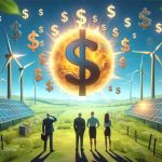 Generate a high-definition, photorealistic image representing the surprising elements of Renewable Energy that investors didn't anticipate. Illustrate this concept through symbolic imagery such as a sun with solar panels and a windmill on a green landscape, with dollar signs appearing from these structures to denote the profit. Also, include surprised expressions on the faces of a diverse group of investors, a Caucasian woman and a Middle-Eastern man, viewing this scene from a distance.