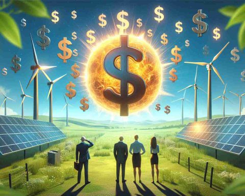 Generate a high-definition, photorealistic image representing the surprising elements of Renewable Energy that investors didn't anticipate. Illustrate this concept through symbolic imagery such as a sun with solar panels and a windmill on a green landscape, with dollar signs appearing from these structures to denote the profit. Also, include surprised expressions on the faces of a diverse group of investors, a Caucasian woman and a Middle-Eastern man, viewing this scene from a distance.