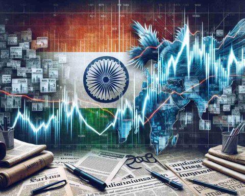 Generate a realistic high definition image representing the concept of Indian stocks experiencing a tumultuous Thursday. This can include elements of a stock market chart with sharp fluctuating lines, possibly surrounded by newspaper clippings and headlines. The theme should overall convey a strong sense of anticipation and unrest in financial markets.