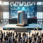 A high definition, realistic image depicting the unveiling of a revolutionary electrical storage solution by a major energy company. The scene features a neatly organized event with an advanced machine taking center stage, this machine represents the cutting-edge technology in electrical storage. Banners are hanging around the venue with an intentional hint of suspense, reading 'Is Your City Next?' People from different walks of life are attending the event, highlighting the diverse interest. There are city skylines in the background, symbolizing the cities waiting for this revolutionary solution.