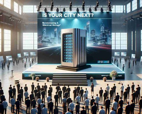 A high definition, realistic image depicting the unveiling of a revolutionary electrical storage solution by a major energy company. The scene features a neatly organized event with an advanced machine taking center stage, this machine represents the cutting-edge technology in electrical storage. Banners are hanging around the venue with an intentional hint of suspense, reading 'Is Your City Next?' People from different walks of life are attending the event, highlighting the diverse interest. There are city skylines in the background, symbolizing the cities waiting for this revolutionary solution.