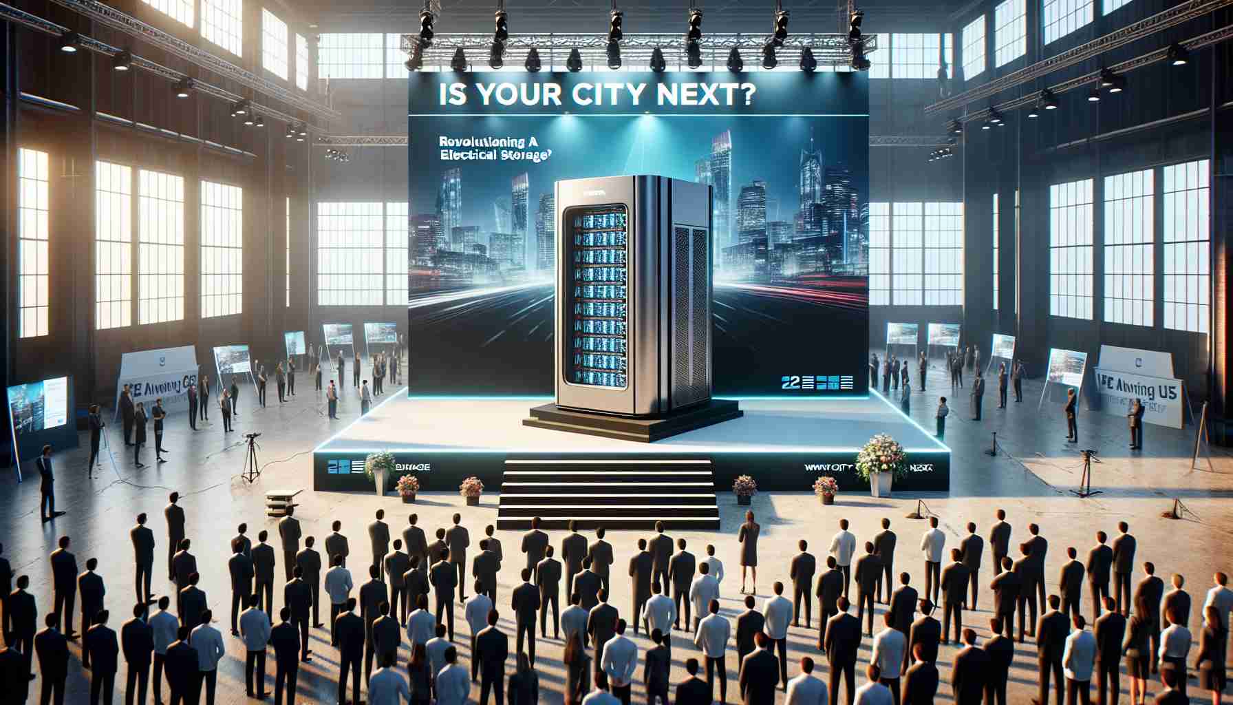 A high definition, realistic image depicting the unveiling of a revolutionary electrical storage solution by a major energy company. The scene features a neatly organized event with an advanced machine taking center stage, this machine represents the cutting-edge technology in electrical storage. Banners are hanging around the venue with an intentional hint of suspense, reading 'Is Your City Next?' People from different walks of life are attending the event, highlighting the diverse interest. There are city skylines in the background, symbolizing the cities waiting for this revolutionary solution.