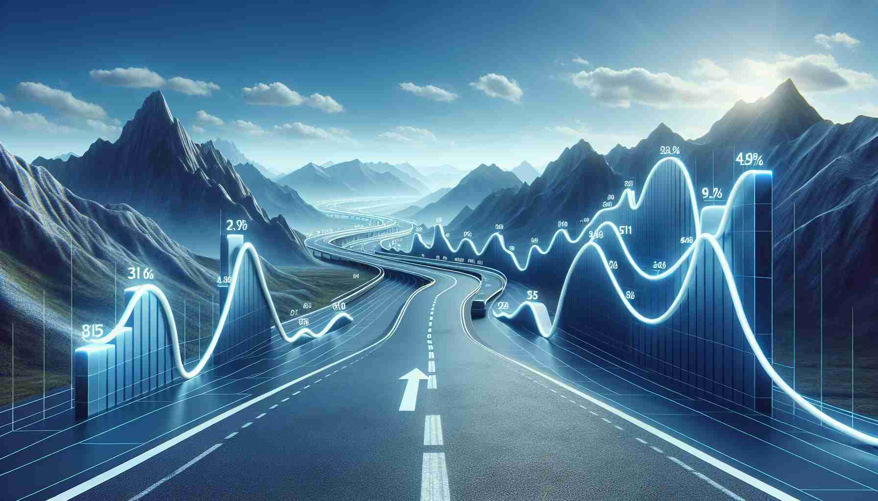 A realistic and high-definition image displaying the metaphorical unexpected turn in the price trend of electronic vehicle stocks. Visualize a road that twists and turns, each turn indicating an increase or decrease in stock prices. Display mountains and valleys along the road to signify high and low points, respectively. No specific company logos or name should be included.