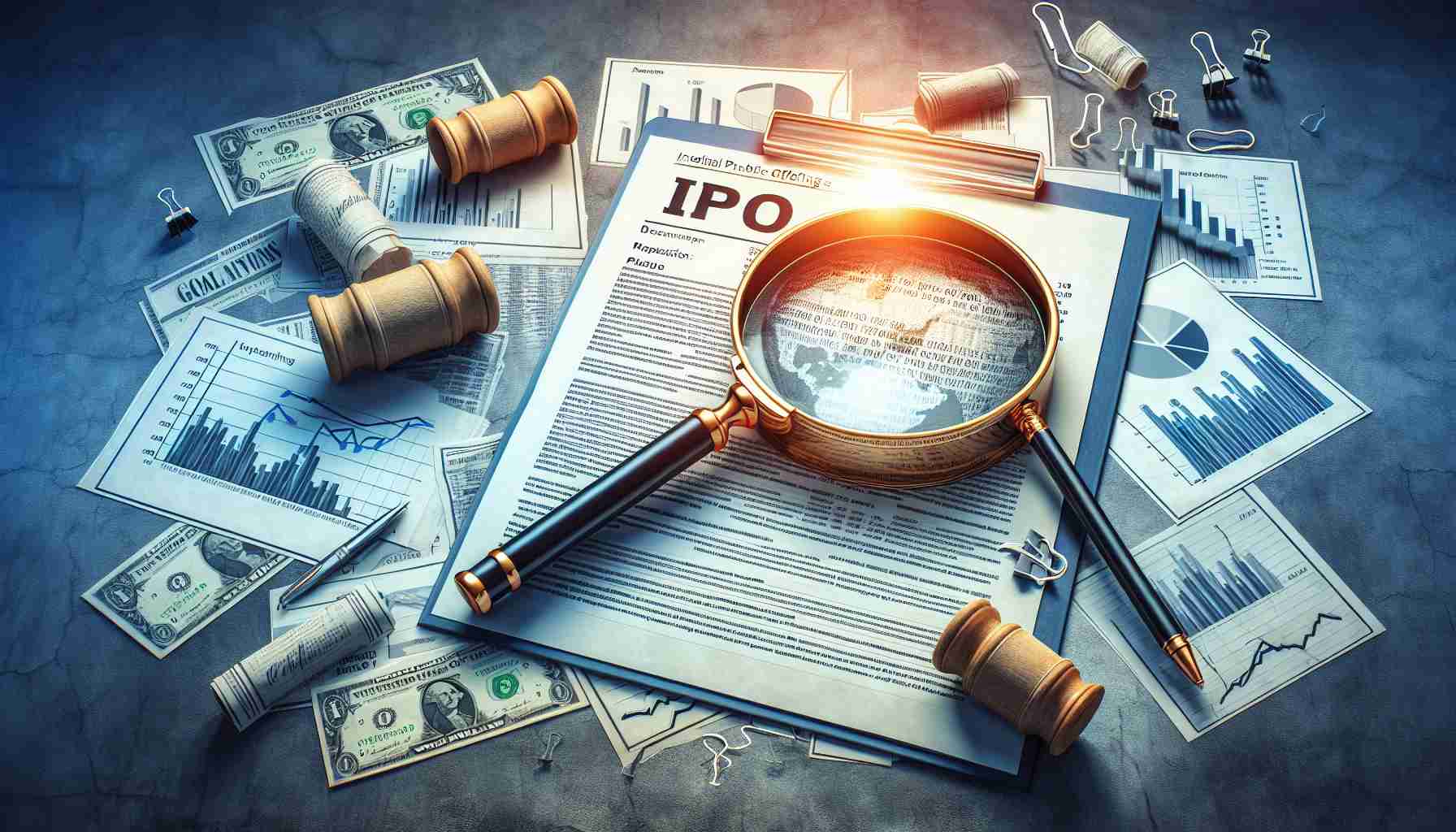 Create a realistic high-definition image that visualizes the concept of uncovering the secrets of Initial Public Offering (IPO) documents. The image should illustrate intrigue, discovery, and the buzz surrounding IPOs. Perhaps include a magnifying glass over detailed paperwork, signifying a deep investigation into financial documents.