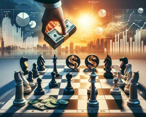 A high-definition, realistic image depicting a conceptual scene that represents major disruptions in the solar energy market. The image shows large, symbolic chess pieces being moved on a business-themed chessboard by unseen forces, representing institutional investors. The chessboard is set against a backdrop of rising sun and solar panels, signifying the solar market. On one side, there should be stacks of money, showcasing the significant financial investments. On the other, illustrated bar graphs and pie charts indicate market growth and fluctuations.