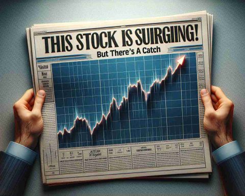 A realistic, high-definition image of a newspaper headline reading, 'This Stock Is Surging! But There's a Catch,' set against the backdrop of a rising line graph, displaying a surge in stocks. There is an air of suspense and unpredictability painted by hues of urgency and exhilaration.