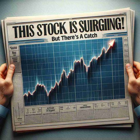 A realistic, high-definition image of a newspaper headline reading, 'This Stock Is Surging! But There's a Catch,' set against the backdrop of a rising line graph, displaying a surge in stocks. There is an air of suspense and unpredictability painted by hues of urgency and exhilaration.