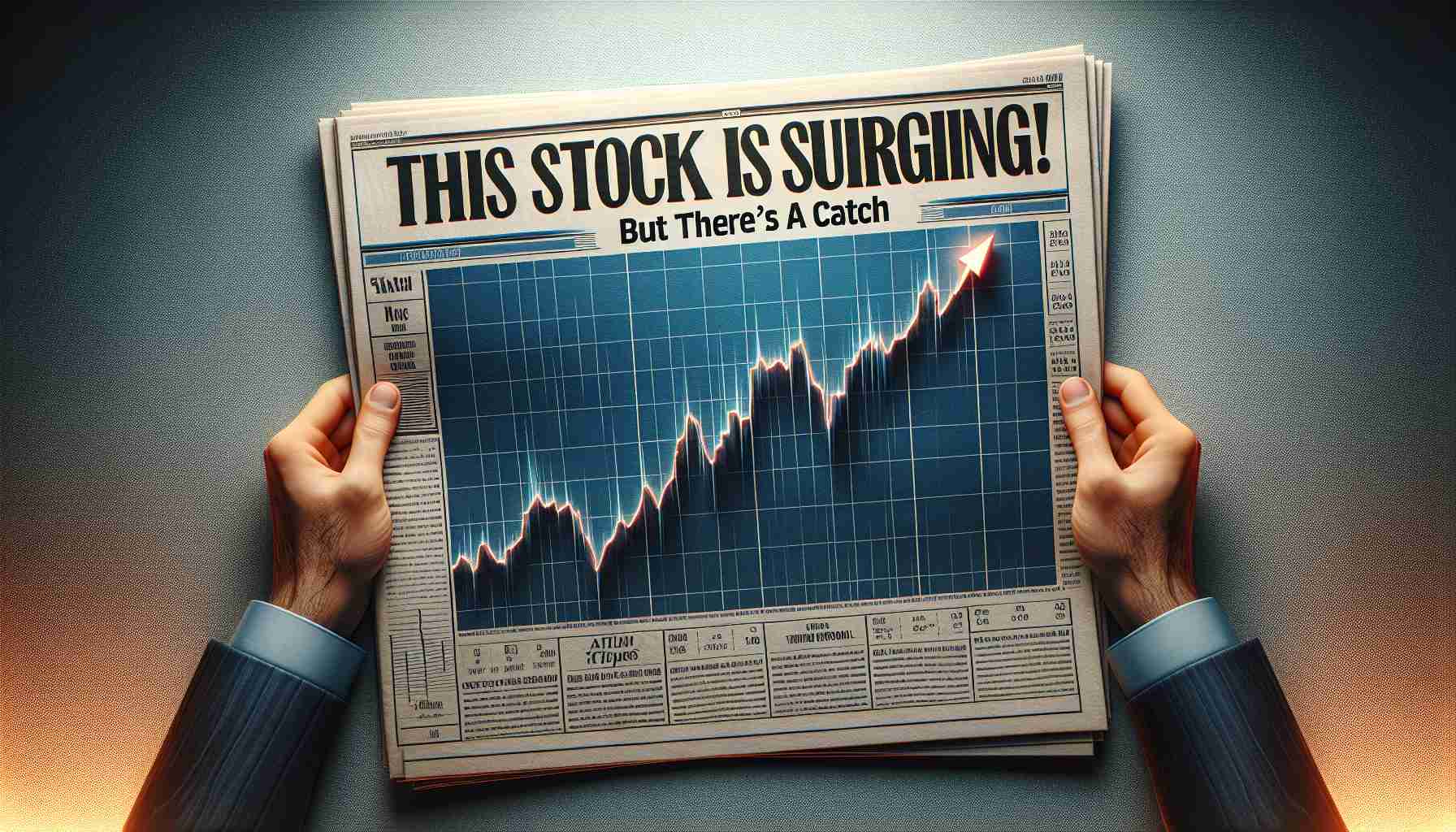 A realistic, high-definition image of a newspaper headline reading, 'This Stock Is Surging! But There's a Catch,' set against the backdrop of a rising line graph, displaying a surge in stocks. There is an air of suspense and unpredictability painted by hues of urgency and exhilaration.